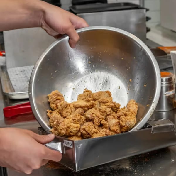 Hands pouring crispy Taiwanese popcorn chicken from a metal bowl into a "No Spice" container.
